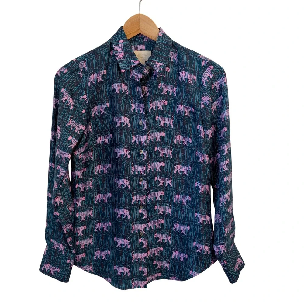 J Crew Collection Silk Tiger Print Blouse Top 00 Maximalist Statement Button Up